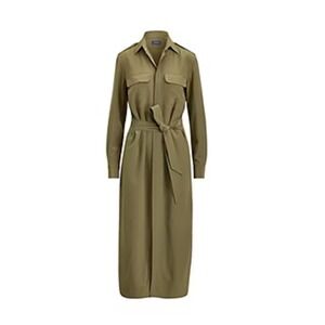Polo Ralph Lauren Silk Shirtdress 2 Olive‎ Green Belted Tie Maxi Crepe de Chine